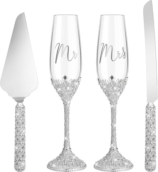 4-Piece Wedding Cake Knife and Champagne Flutes Set, Crystal Rhinestone Glasses and Cake Cutting Server for Bride and Groom Wedding Reception or Anniversary (Gold, Elegant Design) (Silver)