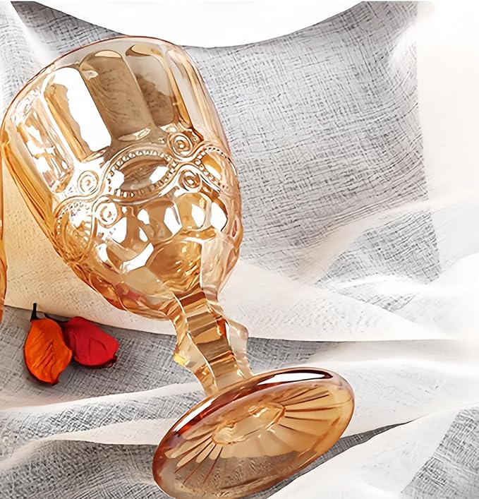 Vintage Wine Glasses Set of 6, 10 Ounces Colored Glass Water Goblets, Unique Embossed Pattern High Clear Stemmed Glassware Wedding Party Bar Glass Drinking Cups Floral Amber