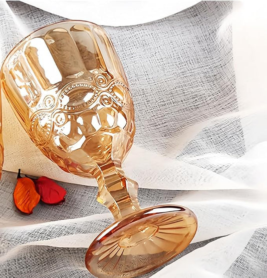 Vintage Wine Glasses Set of 6, 10 Ounces Colored Glass Water Goblets, Unique Embossed Pattern High Clear Stemmed Glassware Wedding Party Bar Glass Drinking Cups Floral Amber