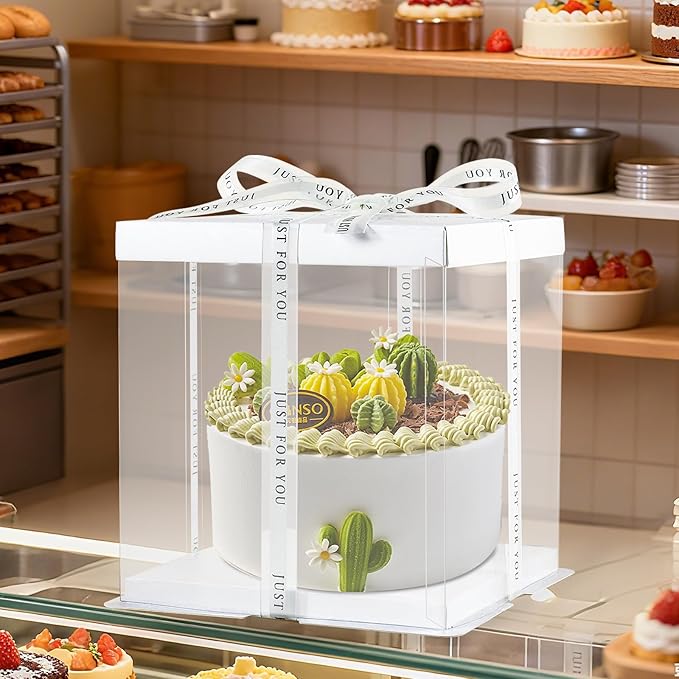 8 Packs Tall Cake Boxes with Ribbon ,10x10x9 inches Bakery Boxes ,White Multi-Layer Cake Containers for Birthday,Wedding,Halloween(White, 10*10*9inch/8pcs)