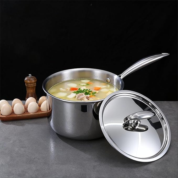 3QT Tri-Ply Stainless Steel Saucepan with Lid, Induction & Gas Compatible Cooking Pot, Mirror Finish Small Soup Pan for Milk, Sauce & Everyday Cooking, Dishwasher Safe