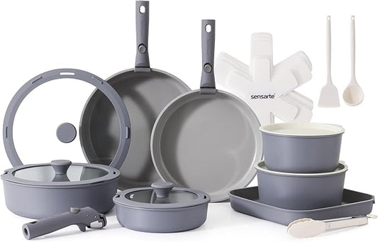 SENSARTE 24 Piece Ceramic Pots and Pans Set, Nonstick Detachable Handle Cookware, Induction Kitchen Cookware Set with Removable Handle, Healthy Non Stick for RV, Dishwasher＆Oven Safe, PFOA Free (Gray)