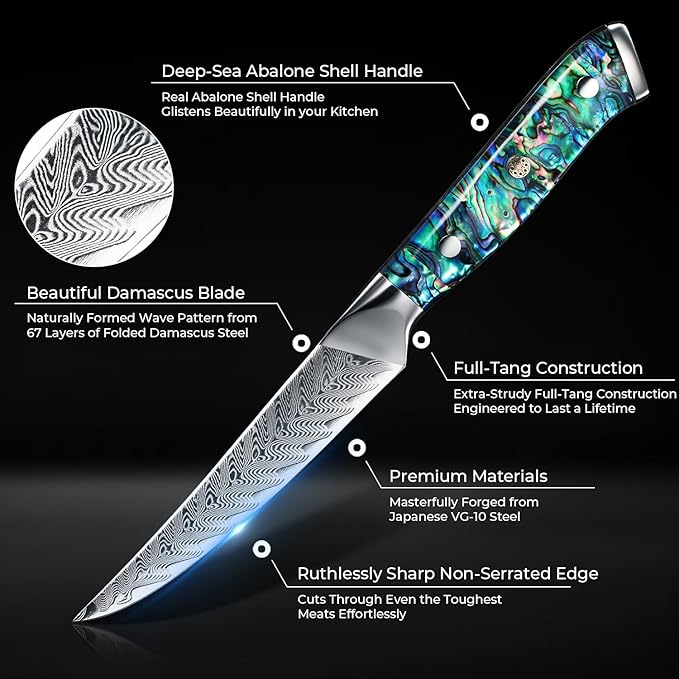 SENKEN 6-Piece Damascus Steak Knife Set, Non-Serrated Blades, Real Abalone Shell Handle Handle, "Umi" Collection Japanese Steak Knives, Japanese VG10 Steel 67-Layer Damascus