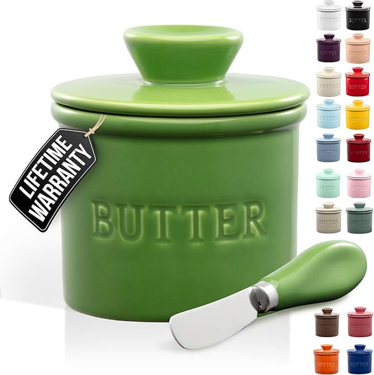 Zulay Kitchen Porcelain Butter Crock With Lid & Knife - Authentic French Butter Dish For Fresh & Spreadable Butter - Green
