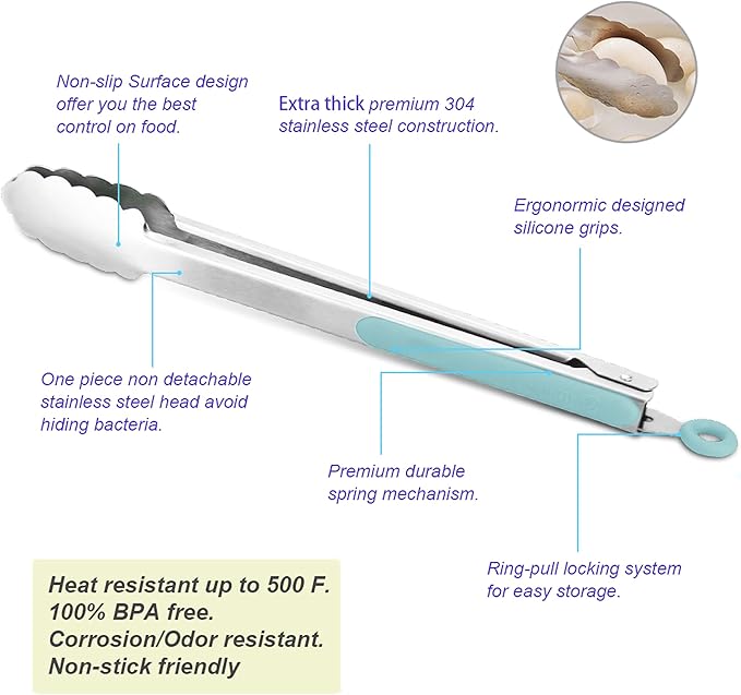 304 Stainless Steel Kitchen Cooking Tongs, 9" and 12" Set of 2 Sturdy Grilling Barbeque Brushed Locking Food Tongs with Ergonomic Grip, Aqua Sky