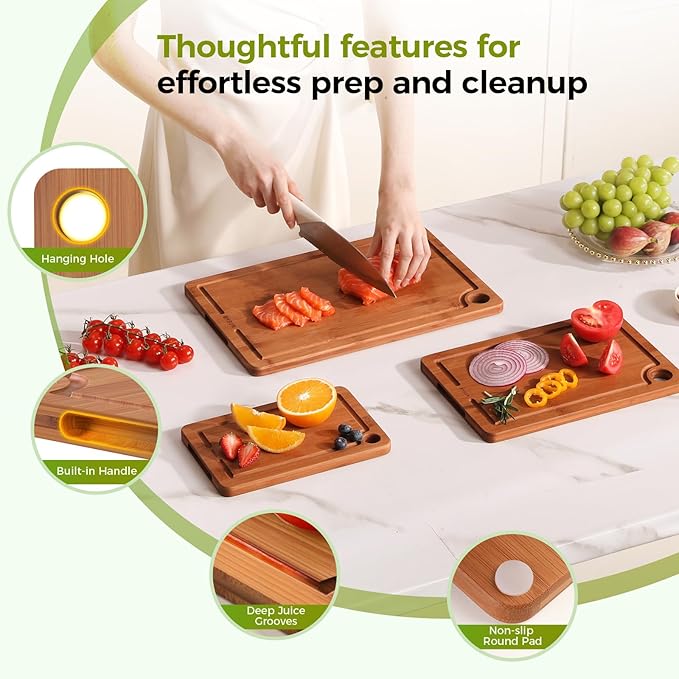 Bamboo Cutting Board for Kitchen, Wood Cutting Board 3 Piece Set with Non-Slip Mat Deep Juice Groove and Built-In Handles, Wooden Cutting Boards for Meat Vegetables Fruit for the Home