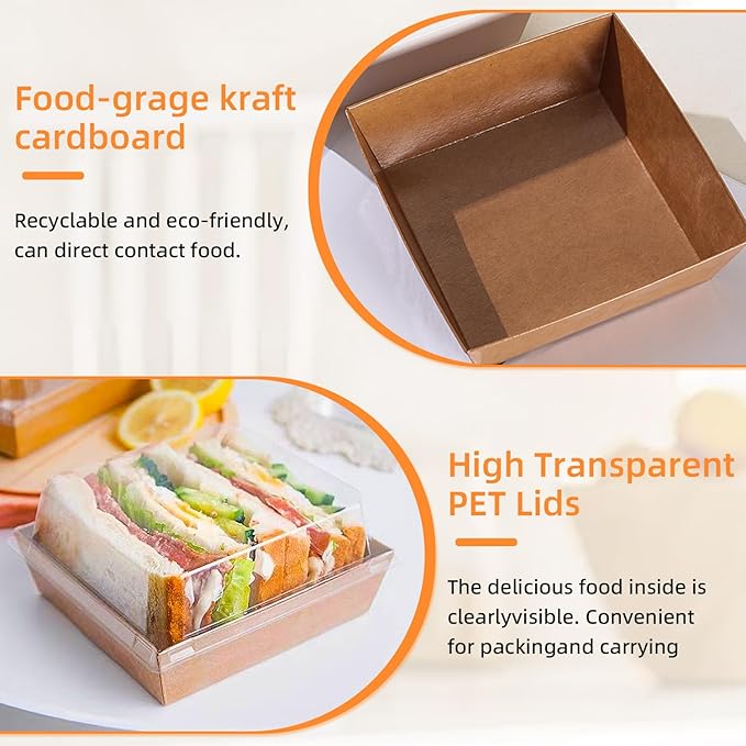 50 Pack Small Paper Charcuterie Boxes with Clear Lids, Dessert Boxes Square Disposable Paper Bakery Boxes to Go Food Containers for Desserts, Sandwich, Cookie, Sushi, Cake Slice and Strawberries