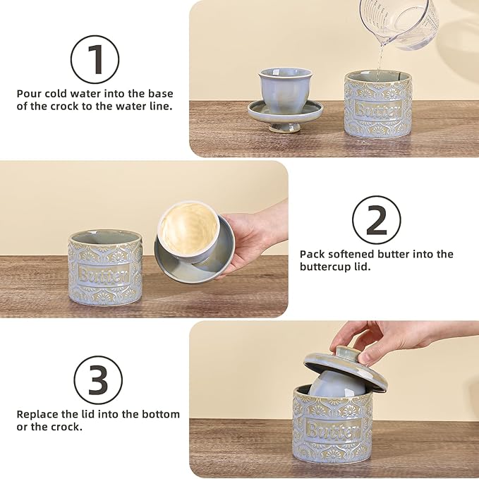 Butter Crock with Water Line, Ceramic Butter Keeper for Counter, French Butter Dish with Lid for Spreadable Fresh Butter (Pale Blue)