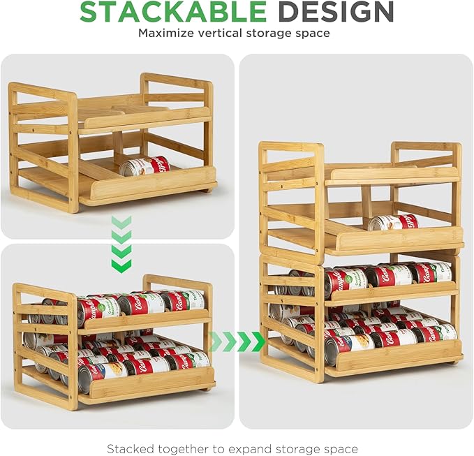 Bamboo Rolling Can Organizer for Pantry, Stackable 2 Tier Canned Food Organizer Rack for Storage, Kitchen Cabinet, Can Holders Dispensers for Pantry Up To 27 Cans