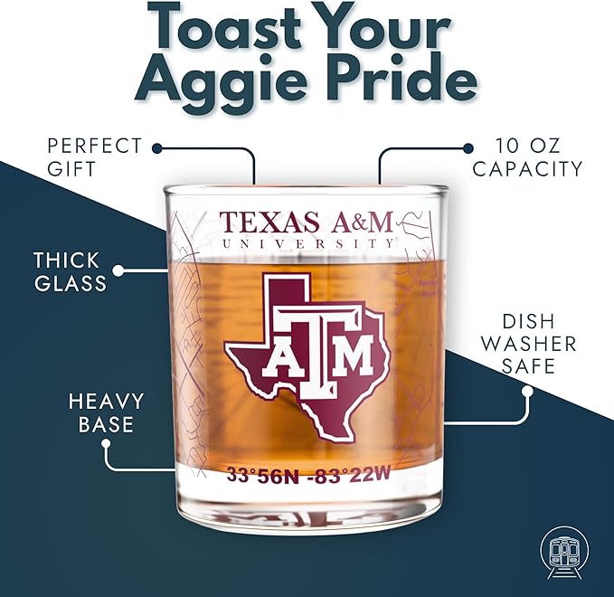 Greenline Goods – University of Texas A&M Aggies College Whiskey Glasses (Set of 2), 10 oz – Full-Color Logo + Campus Map