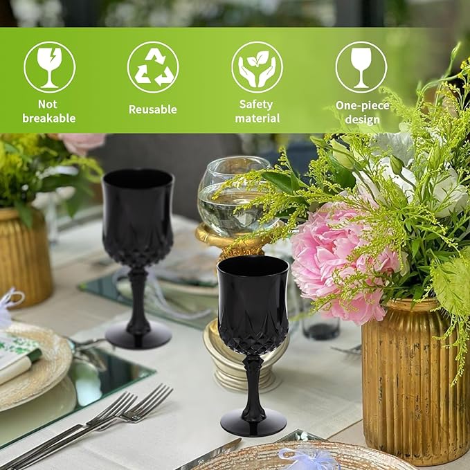 JLYLOL Plastic Vintage Wine Glasses 7OZ Plastic Goblets Vintage Drinking Glasses 24PCS Retro Wedding Glassware Water Goblets Reusable Drinking Cups for Party,Reception,Celebration,Bar,Whiskey(Black)