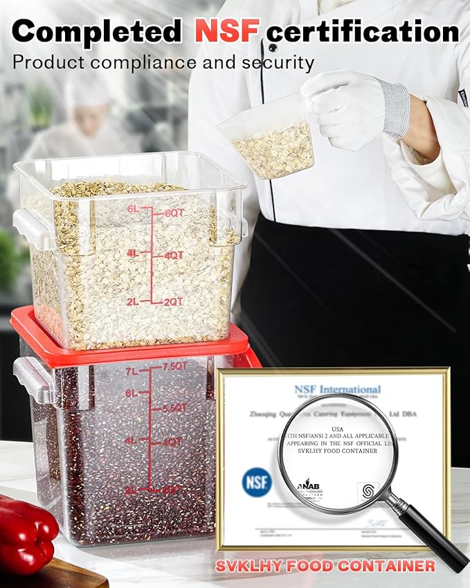 2QT NSF Food Storage Containers: 2 PCS [Food Grade][Hot&Cold Resistant] Commercial Clear Square Food Storage Containers with Scales Handles for Home Restaurant Kitchen Proof Dough(BPA FREE)
