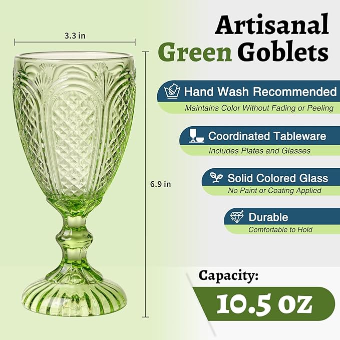 Chaos Coordinator Green Wine Glasses set of 6, vintage Green glassware, colored drinking glasses for a baby shower, wedding, birthday,or fancy glassware for everyday,10.5 OZ.