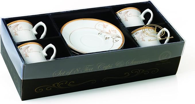 World Gifts Elegant Durable and Colorful Porcelain Tea-Coffee Cups and Saucers Set - Gold Floral Design, Set of 4