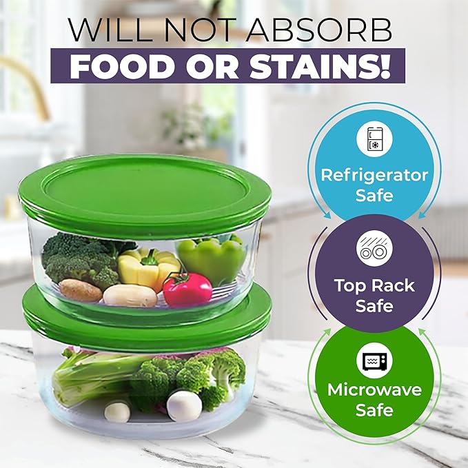 Replacement Lids for Pyrex Containers Round Glass Food Plastic (2) 2-Cup Green (2) 4-Cup Purple (2) 7-Cup Light Blue