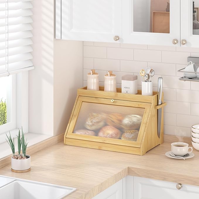 Bamboo Bread Box with Shelf for Kitchen Counter-Large Capacity Bread Storage Container with Wavy Arcylic Transparent Door Bamboo Wooden Farmhouse Bread Box for Your House (Nature)