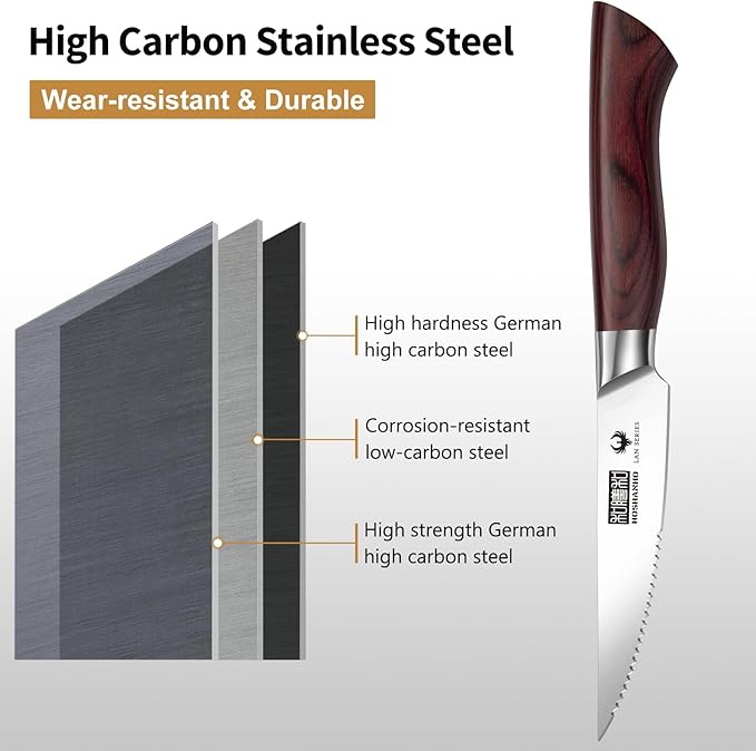 Steak Knife Set 8 Pieces, 4.5 Inch Super Sharp High Carbon Stainless Steel Steak Knife Set, Professional Premium Serrated Precise Cutting with Ergonomic Wood Handle