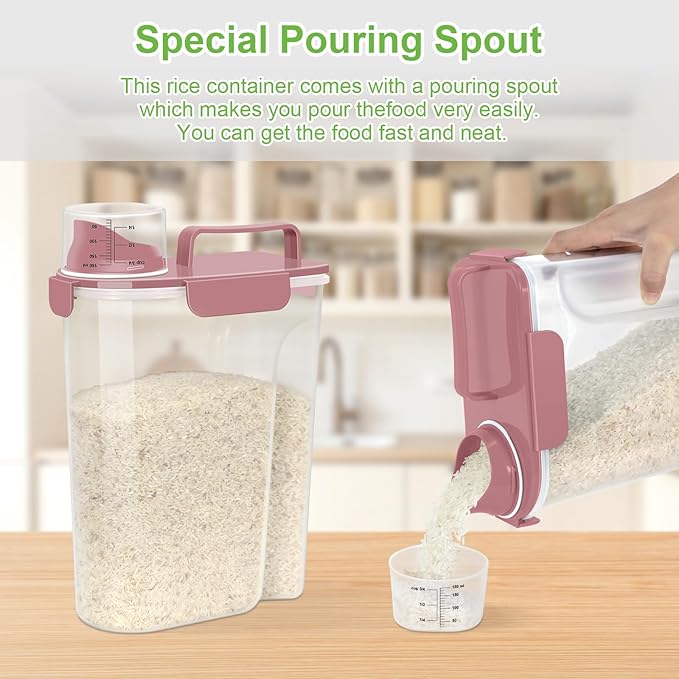 Airtight 10LBS Rice/Cereal/Dry Food Storage Container BPA Free, 5.28Qt Clear Plastic Kitchen and Pantry Organization Bin Suitable for Oats, Flour, Sugar, Pasta, Pet Food, etc (Rose Pink)