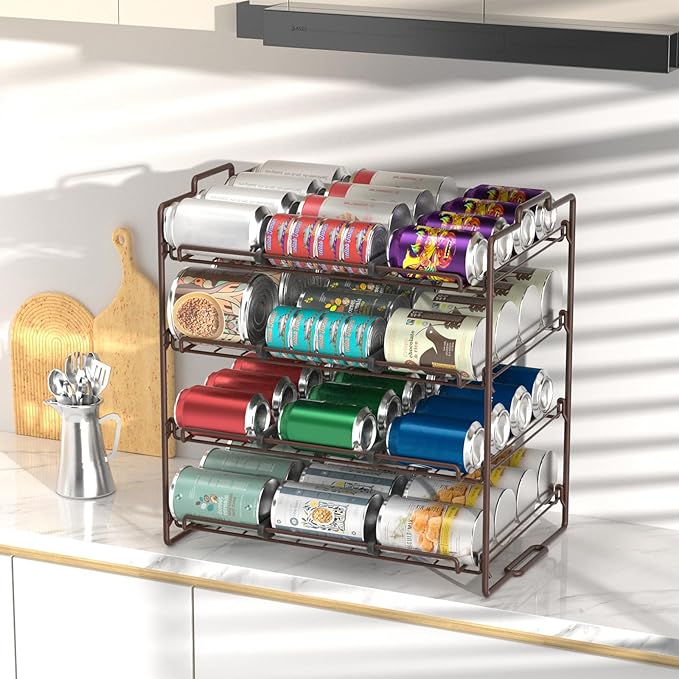 4 Tiers Stackable Can Rack Organizer, Wear-resistant Upgrade Beverage Food Can Dispenser Holder Holds up to 48 Cans for Kitchen Cabinet and Pantry (Brown)