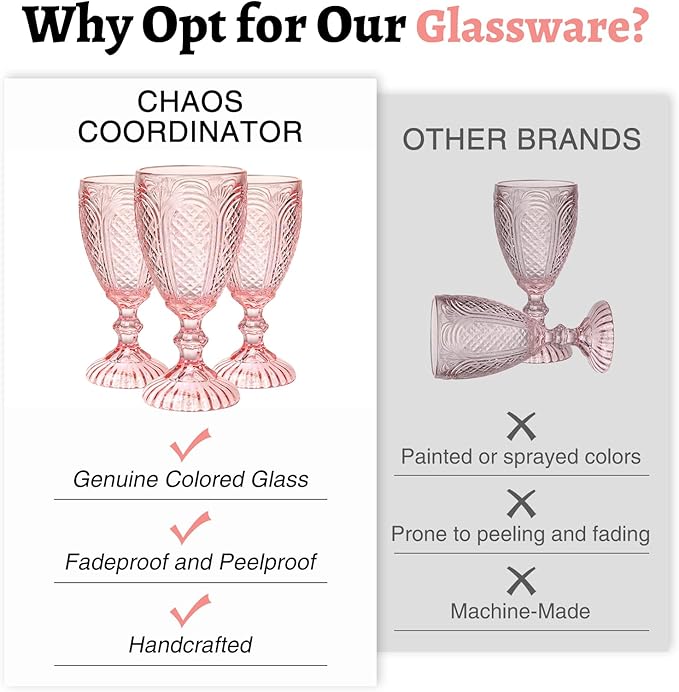 Pink Wine Glasses set of 6,colorful glass goblets made from Solid glass colors, Vintage Pink Glassware, Drinking glasses for Wedding, Birthday,Engagement or fancy glassware for everyday.