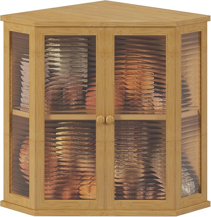 Corner bread box Bread Box for Kitchen Countertop - Corner Bread Storage Box 16.5" H, Premium Pine Wood with Glass Door, Perfect for Homemade Bread, Baguettes & Pastries (Bamboo)