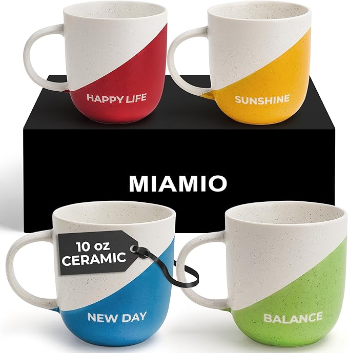 MIAMIO - Coffee Mug Set of 4 x 10 oz/Inspirational Coffee Cups with Sayings/Gifts for Wife, Husband, Women, Men, Family, Friends/Microwave and Dishwasher Safe (Happy Life)