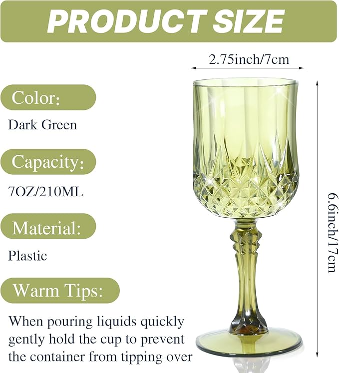 48 Pcs Plastic Green Wine Drinking Glasses, Plastic Water Goblets Green Vintage Reusable Drinkware Vintage Champagne glassware for Wedding Reception Grand Event Party, 7oz