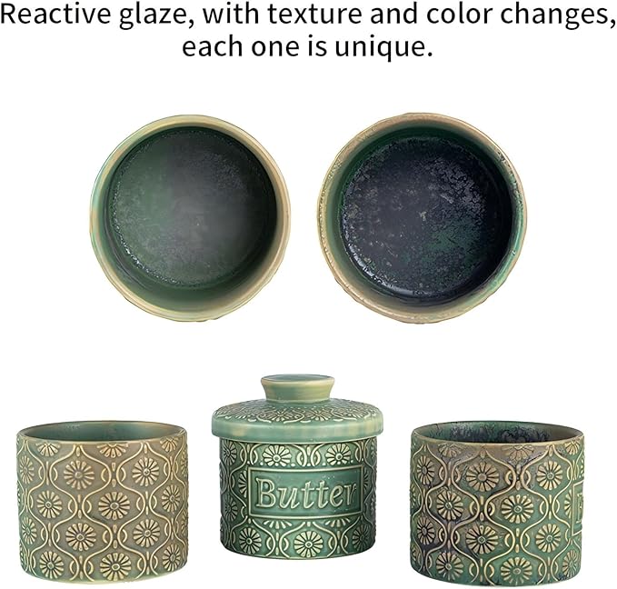 Ceramic Butter Crock with Lid, French Butter Dish with Water Line for Countertop, Butter Keeper for Spreadable Butter, Container Holder for Kitchen and Home Decor, 6.7 OZ, Vintage Green