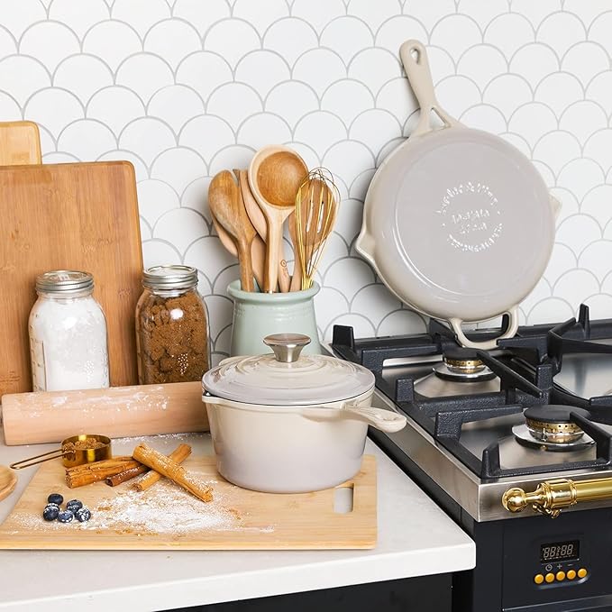 Larder & Vine 21 Piece Cookware Set (Stone) | Dutch Oven, Utensil Set, Saucepan, Skillet, and Trivets