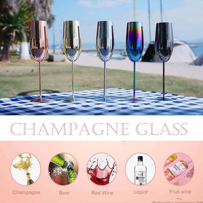 Champagne Glasses Set of 2 Stainless Steel Champagne Flutes Wedding Gifts for Bride 8.5 oz Unbreakable Champagne Glasses for Party Wedding Christmas Anniversary Brithday