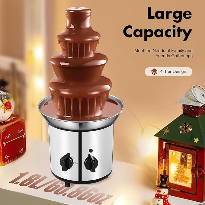 4 Tier Chocolate Fountian Electric Chocolate Fondue Melting Machine 60-Ounce Stainless Steel Luxury Cheese Cascading Fondue for Parties