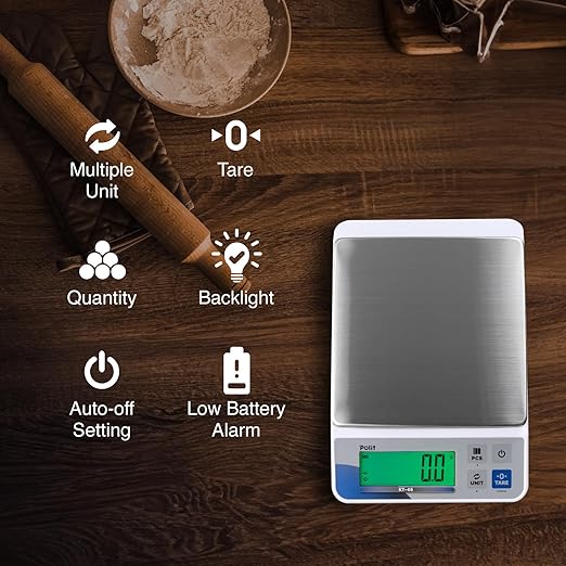 Polit KT-66 Digital Kitchen Scale 18lb/8000g｜0.02oz/0.5g Precision Food Scale with LCD Display｜Battery or Plug-in｜Stainless Steel Top｜Grams & Ounces｜5 Units for Baking, Cooking, Farming & Shipping