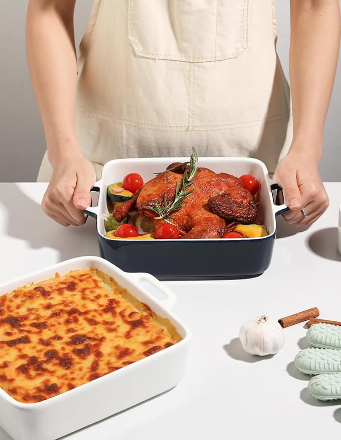 Sweejar 8x8 Baking Pan,Ceramic Casserole Dishes for Oven with Double Handles，2 QT Square Cake Baking Dish for Brownie,Lasagna,Casseroles,Family Dinner (Navy)