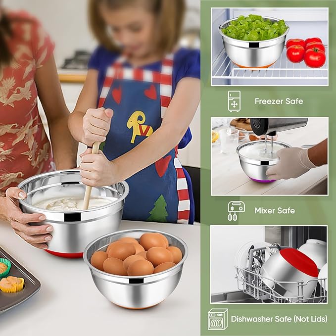 TeamFar Mixing Bowls with Lids Set, 1/1.5/2.5/3.5/7 QT, Stainless Steel Large Metal Nesting Salad Bowl Set of 5, Healthy & Sturdy, Non-slip Bottom & Airtight Lid, Multi-Color