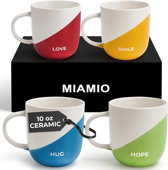 MIAMIO - Coffee Mug Set of 4 x 10 oz/Inspirational Coffee Cups with Sayings/Gifts for Wife, Husband, Women, Men, Family, Friends/Microwave and Dishwasher Safe (Love)