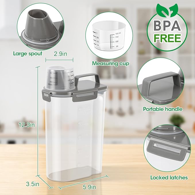 TBMax Rice Container Cereal Storage Container 2 Pack 5 Lbs, Kitchen Pantry Dry Food Storage Holder with Easy-Pouring Spout & Handy Cup, Small Pet Dog Cat Food Dispenser for Daily Feeding -Grey