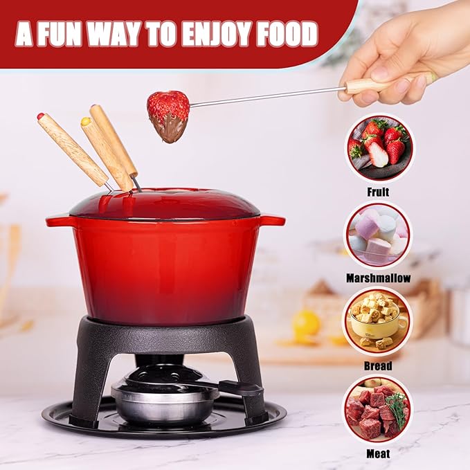 Mabeeze Cast Iron Fondue Pot Set for Cheese, Chocolate or Meat - Red Enameled 1.6 Qt Pot - Includes 6 Fondue Forks
