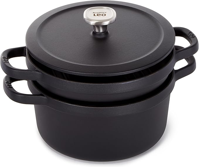 BergHOFF Graphite 3Pc Enameled Cast Iron Cookware Set With Self-basting Universal Lid, Induction Pots and Pans, Oven-to-Table Cookware, For Slow Cooking