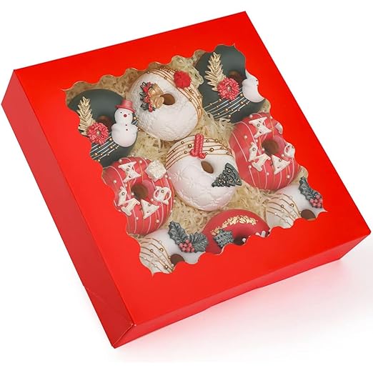 qiqee Auto-pop up Red Pie Boxes with Window 10x10x2.5 inch 30Packs Cookie Donut Bakery Box