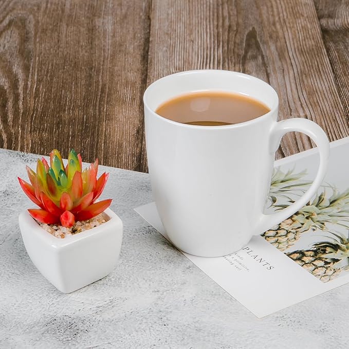 Plain White Fine Bone China Blank Coffee Mugs Set of 4, 11 Oz Tea Cups with Large Handle, Lightweight Ceramic Coffee Mugs, Aesthetic Coffee Cups
