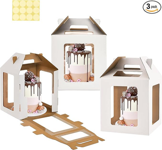 Tall Cake Box with Windows, 10x10x10 inches, Handle, Transport Container for Tiered Cakes, White, 3 Pack