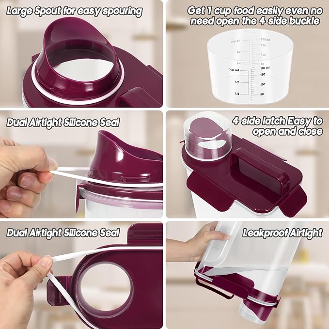 5Lbs/6Qt Airtight Pet Storage Container Translucent Body, Upgraded Large Nozzle With Handle Design For Cat Dog Bird Food and for Small Animal Kibble, Oatmeal, Rice, Flour, Brown Sugart-Purple