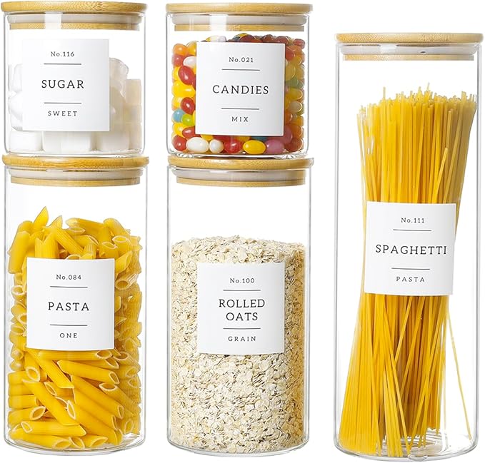 5 Pcs Glass Food Storage Containers With 132 Pantry Labels Preprinted - Thicken(3mm) Jars Airtight Bamboo Lid Stackable Kitchen Canisters Set For Candy, Cookie, Rice, Sugar, Flour