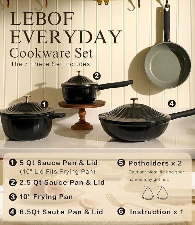 Nonstick Ceramic Cookware Set (7 Piece)–Titanium Cast Aluminum Pots and Pans Set with Lids, Non Toxic PFAS-Free Compatible with All Stovetops–Jet Black
