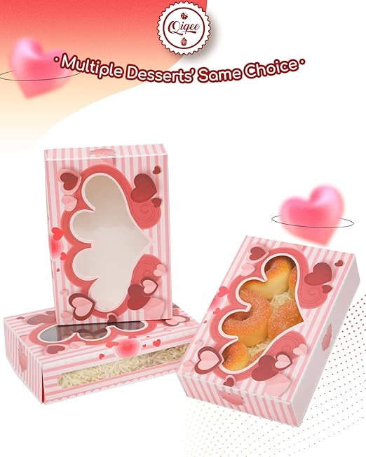 qiqee Valentine's Day Cookie Boxes for Gift Giving 8x5.3x2 inch 36Packs Treat Box with Window Bakery Box for Valentine's Day