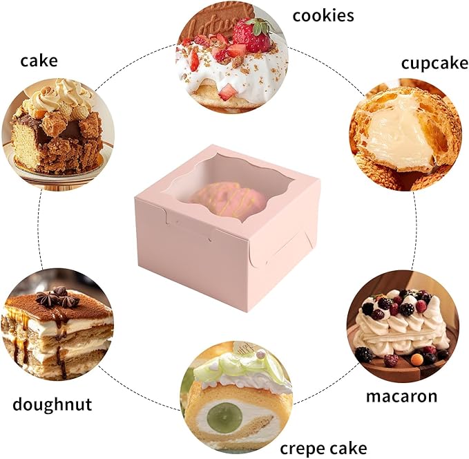 150pcs Pink Small Cake Box,4x4x2.5 Inch Bakery Boxes with Window,gift boxes bulk for Mini Cake Pastry Dessert Strawberries Chocolates Cupcakes with Stickers