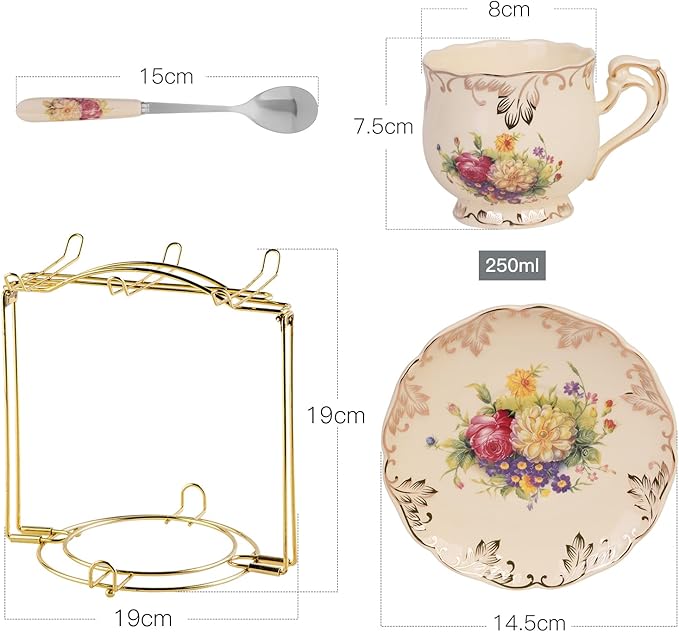 YOLIFE Flowering Shrubs Tea Cups and Saucers Set of 6, Ivory Ceramic Floral Tea Cups Set with Golden Rack, Coffee Cups, 8 oz