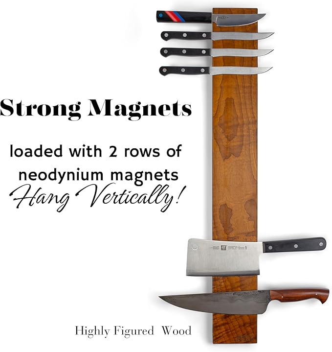 360KnifeBlock magnetic knife BAR XL 26" - 2 Rows of Magnets, 'magic floating backer' w/level system, 2"screws, 3 sizes from 5" to 26" - handmade in Washington (WOOD, 26" Wide)