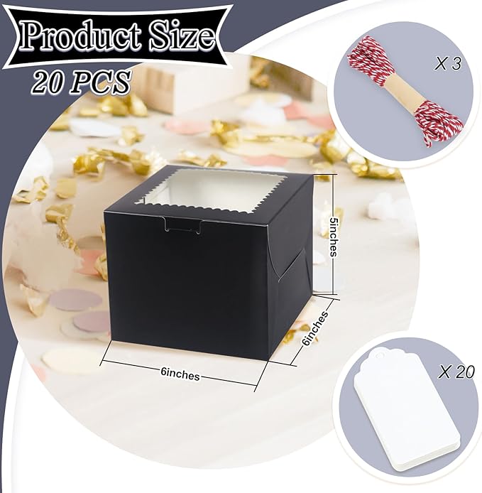 20Pcs Mini Cake Boxes with Window, 6x6x5 Inches Black Bakery Boxes, Small 4 Cupcake Boxes, Cake Packaging for Pastries, Cookies, Chocolates, Cupcakes, Birthday Party, Wedding