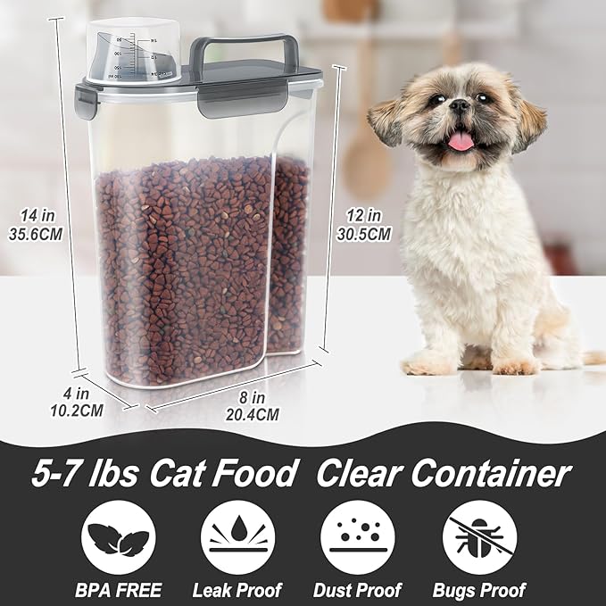 5-7Lbs Cat Dog Pet Food Storage Container with Large Nozzle Design/4 Safety Buckles/Double-Layer Sealing Strips/Handle/Measuring Cup is Easy to Clean and Does BPA-free (Clear Black)
